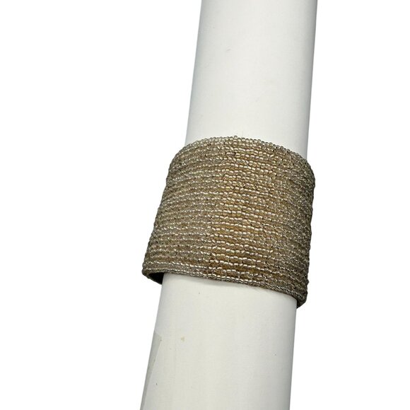 SD Leather Backed Champagne Beaded Bangle Bracelet Gladiator Boho Lagenlook - Picture 3 of 6